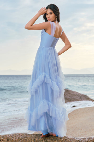 Blå Tyl Korset Brudepigekjole med Flæser